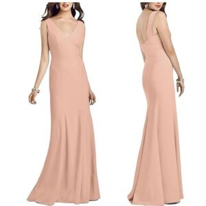 Dessy Trumpet Hem Porcelain Pink Deep Plunge Neck Occasion Bridesmaid Gown 3060